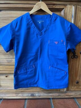 Lot of 2 Med Couture Royal Blue V-Neck Scrub Top with Pink Trim